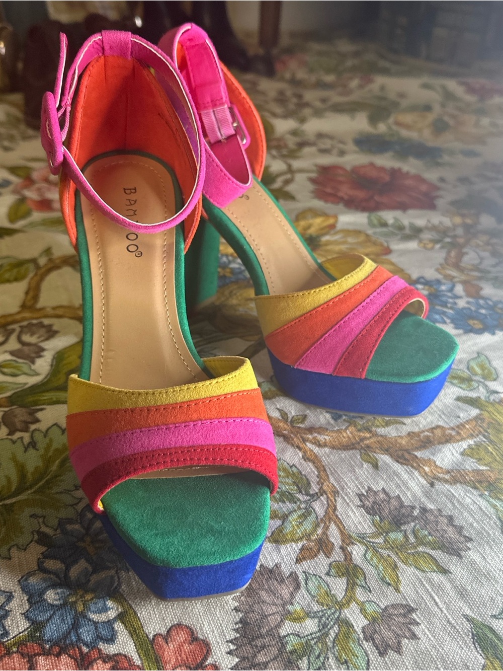 BAMBOO Rainbow Colorblock Suede Platform Heels